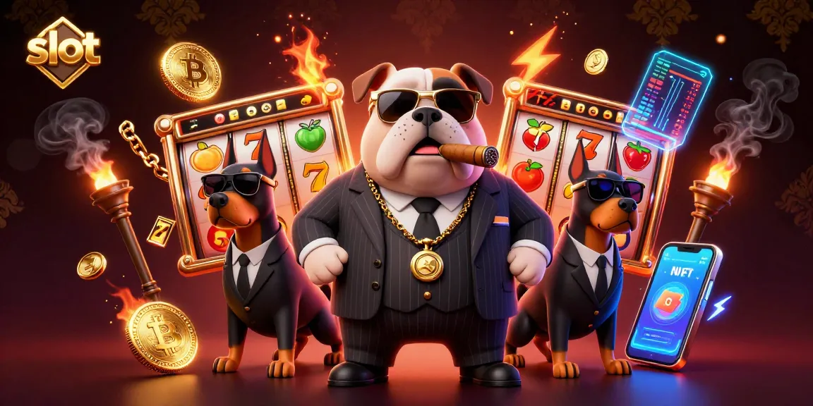 Slot yang menguntungkan dengan bulldog mafia dan simbol keberuntungan dalam ilustrasi 3D.