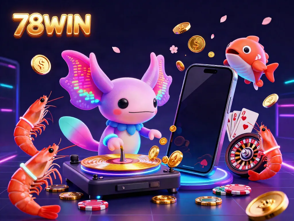 Join the vibrant 78WIN scene featuring dynamic casino elements and energetic characters for an unforgettable gaming experience.