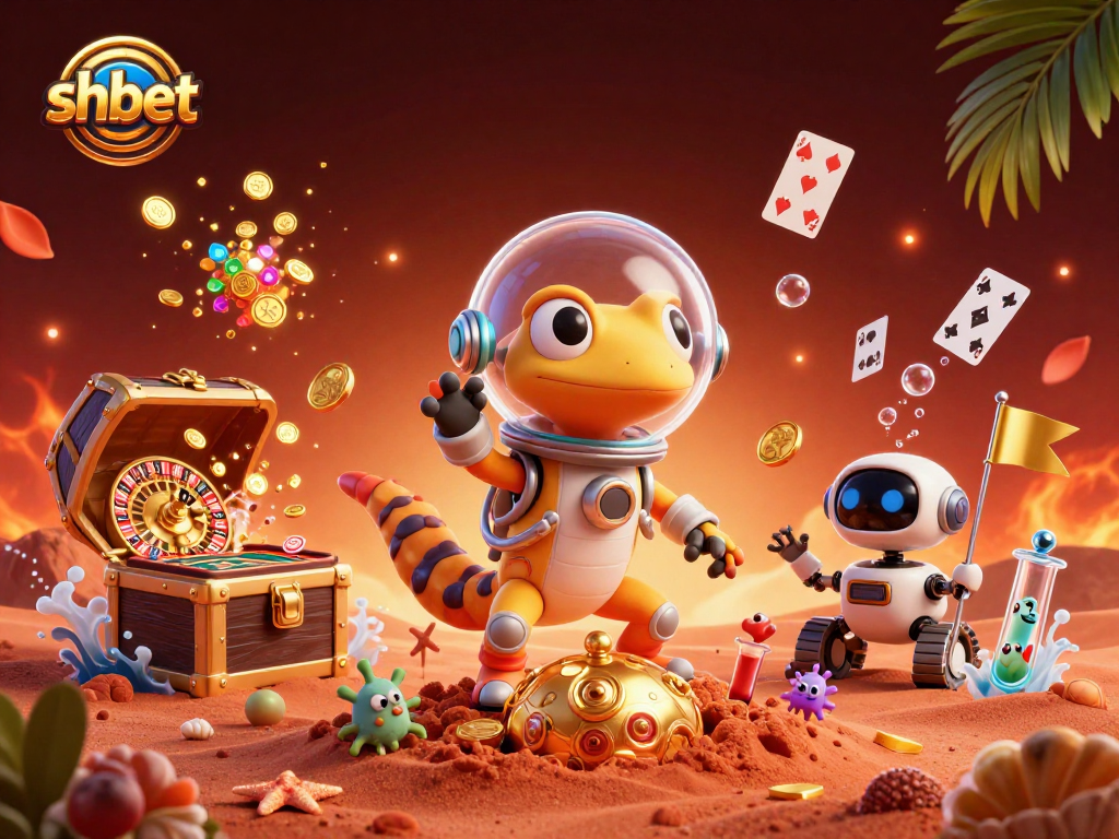 Experience shbet's thrilling casino atmosphere with a Martian gecko exploring a golden paradise filled with games.