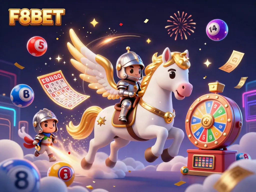F8BET's vibrant digital casino scene featuring a celestial horse, knight, and bouncing lottery balls amidst fireworks.