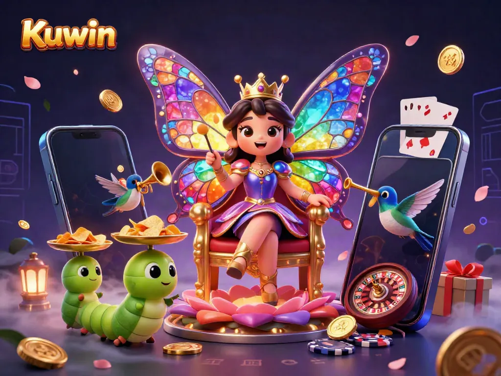 Kuwin enchants players with vibrant casino elements, showcasing a butterfly queen amidst dynamic games.