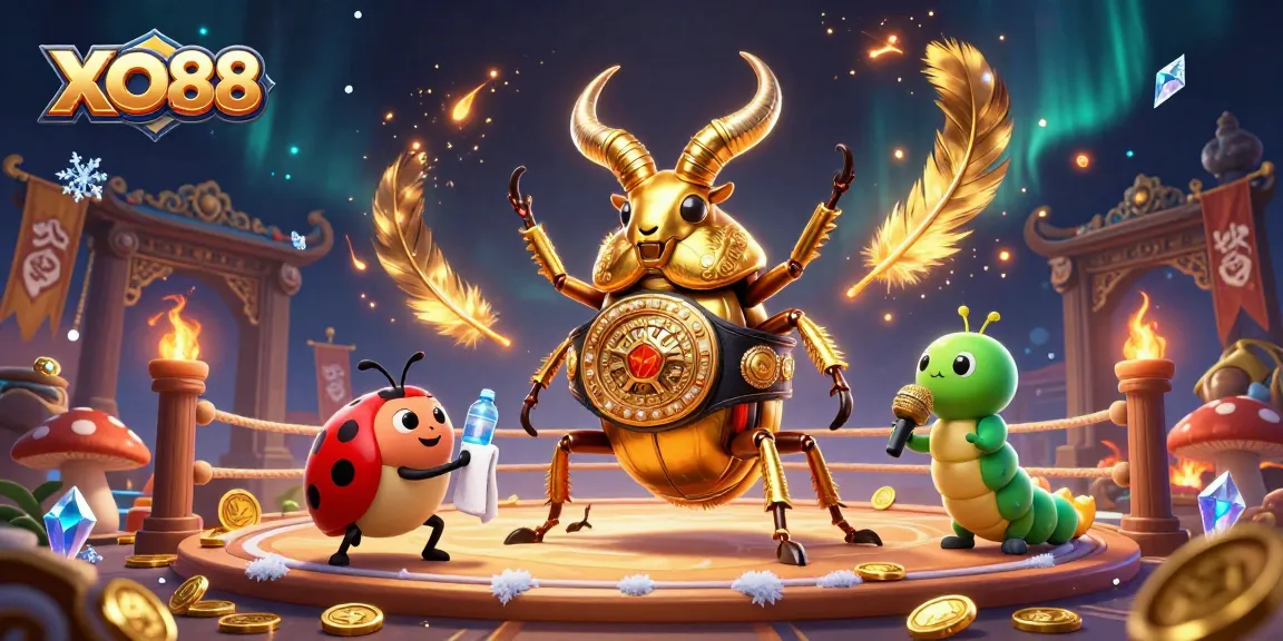 Bet on thrilling showdowns at XO88 with a giant stag beetle battling in a vibrant casino arena.