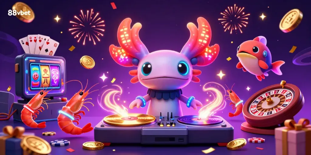 Experience fun gaming vibes with 88vbet's 3D cartoon illustration featuring vibrant characters and casino elements.