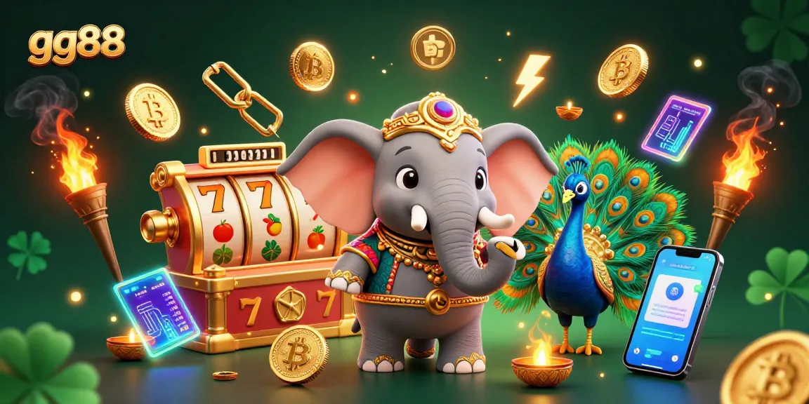 Spin to win big with gg88 in this vibrant casino-themed illustration featuring slot machines and crypto elements.