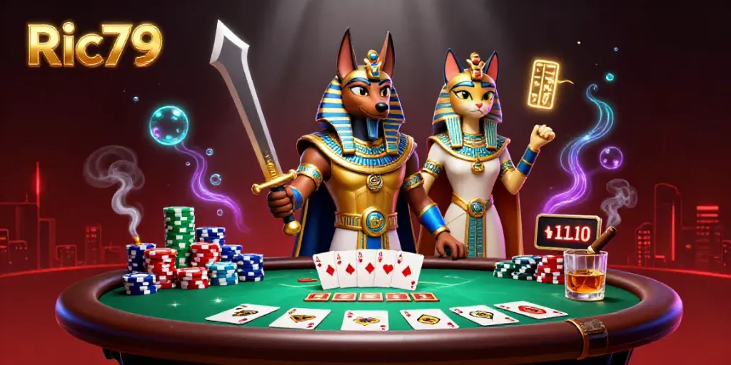 Engage in epic casino adventures with Ric79 featuring Anubis and Bastet in a vibrant poker scene.