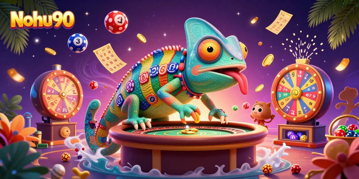 Nohu90 chameleon casino owner snaps golden coins amidst colorful lottery elements in a vibrant online gaming scene.