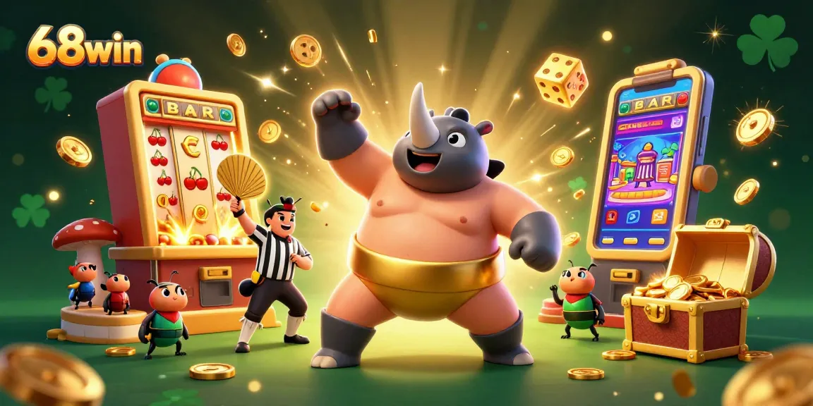 Engage in thrilling 68win gaming action with a vibrant 3D slot scene showcasing champions, coins, and flashy elements.