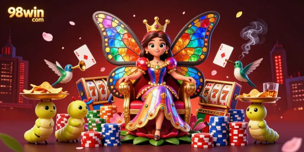 Experience excitement with 98win com in a vibrant casino scene filled with colorful chips and slot reels.