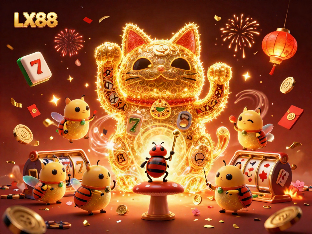 LX88 lucky cat canvas illustration bringing joy with gaming symbols and dynamic elements