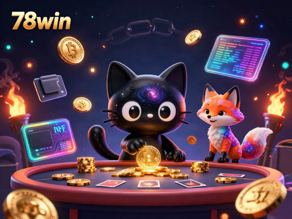 Engage with exciting gameplay at 78win's cosmic casino, where vibrant characters draw in glowing gaming chips.