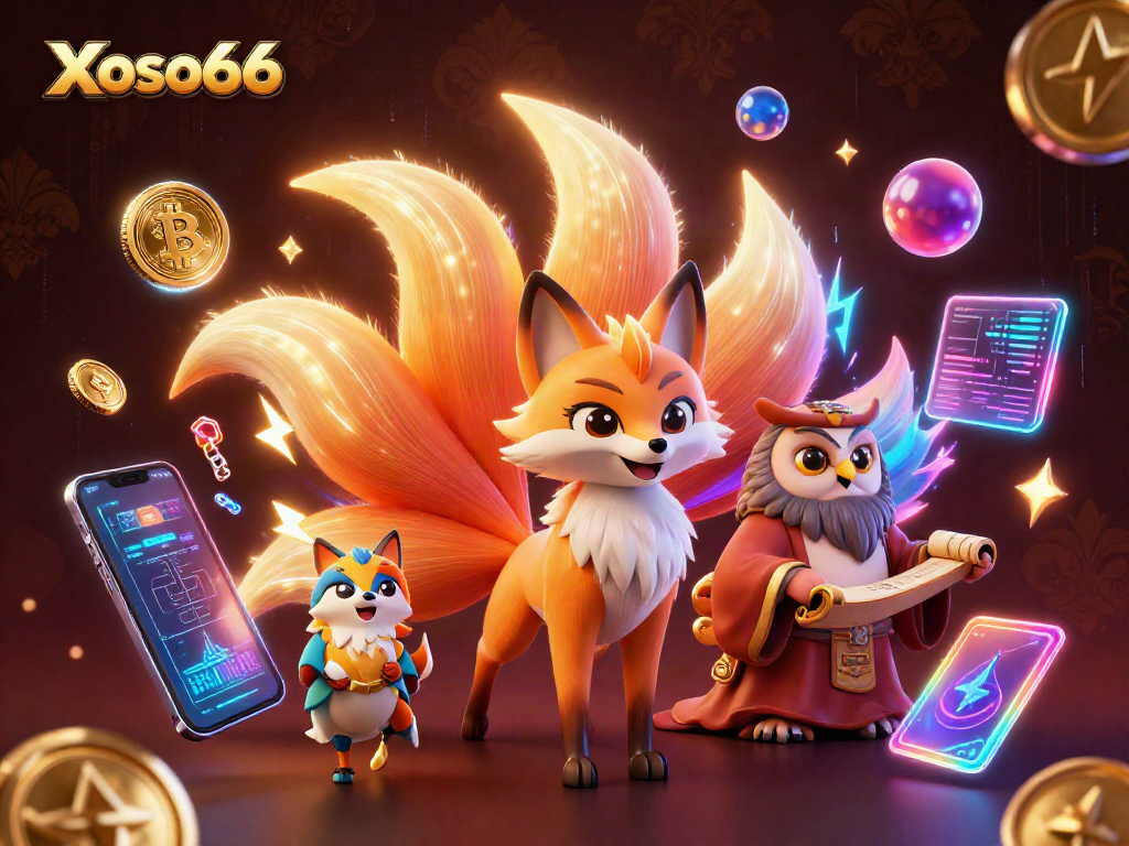 Xoso66 brings luck with a vibrant nine-tailed fox spirit, an owl sage, and colorful spirit orbs!