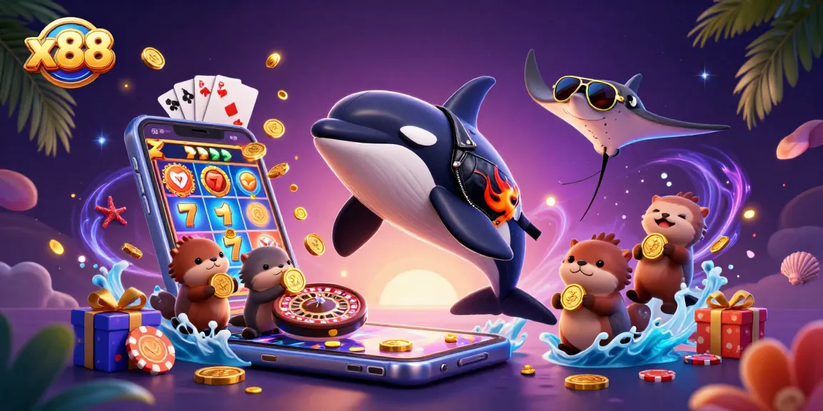 x88 casino gaming scene with orca whale, stingray, and otters celebrating wins