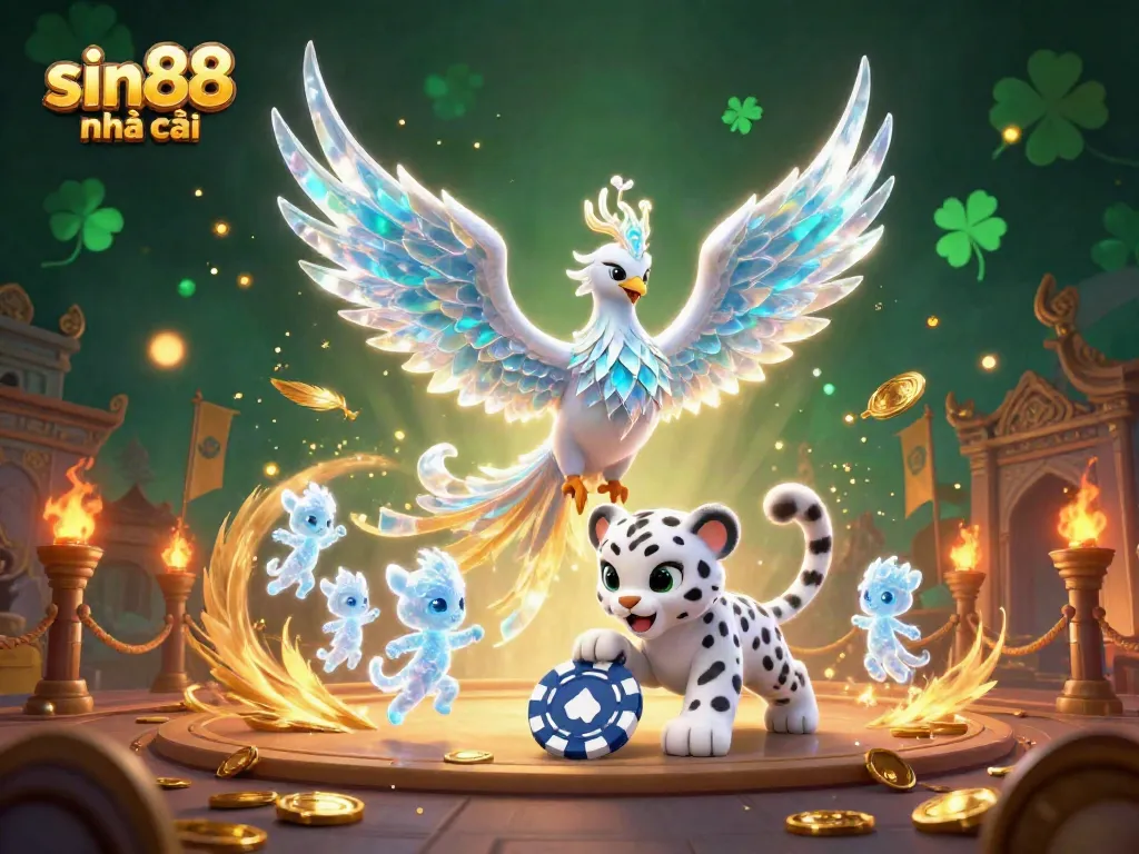 Experience the thrill with sin88 nhà cái in this dynamic 3D scene showcasing a phoenix and whimsical characters in a vibrant casino atmosphere.