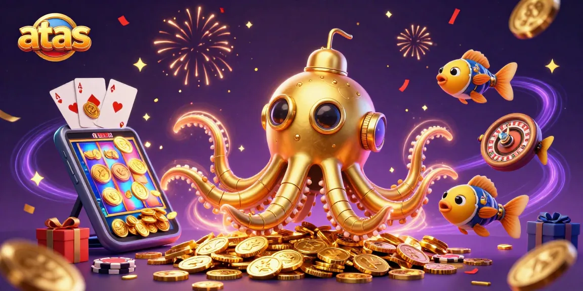 Experience the excitement at atas casino with the colorful, 3D underwater themed illustration featuring gaming elements.