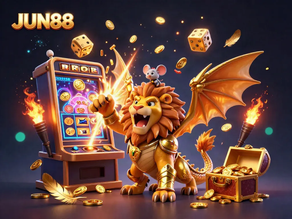 Experience thrilling gaming at JUN88 with golden treasures, dynamic slot machines, and vibrant casino excitement.