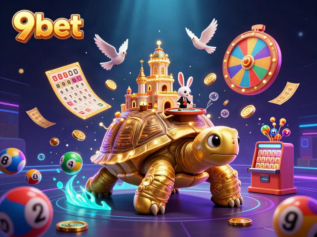 Experience exhilarating gameplay with 9bet's vibrant lottery-themed scene featuring golden tortoise and lively characters.
