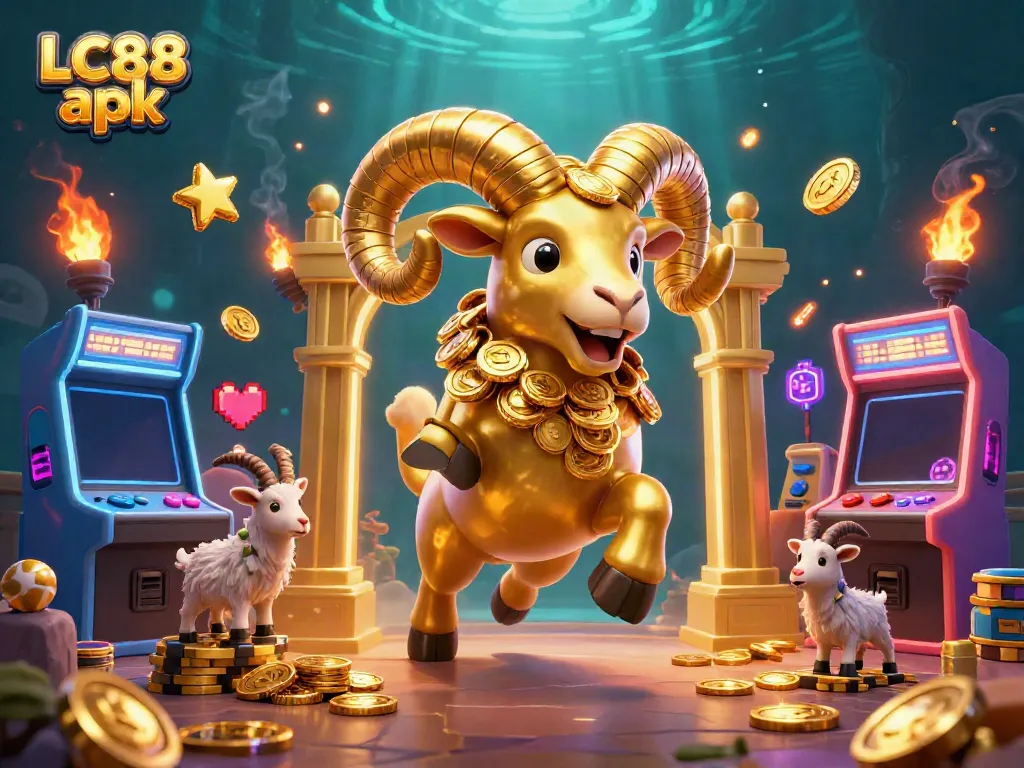 Engage in thrilling gameplay with LC88 apk, featuring a dynamic casino scene of a golden ram amidst arcade elements.