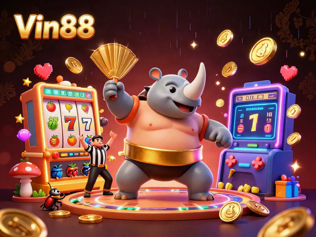 Vin88 showcases a captivating scene with a rhinoceros beetle champion and coin-filled slot machines, illustrating vibrant online gaming.