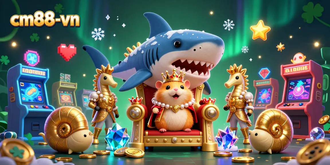 Experience the vibrant world of cm88-vn with a thrilling 3D casino illustration featuring a golden hamster king and game elements.