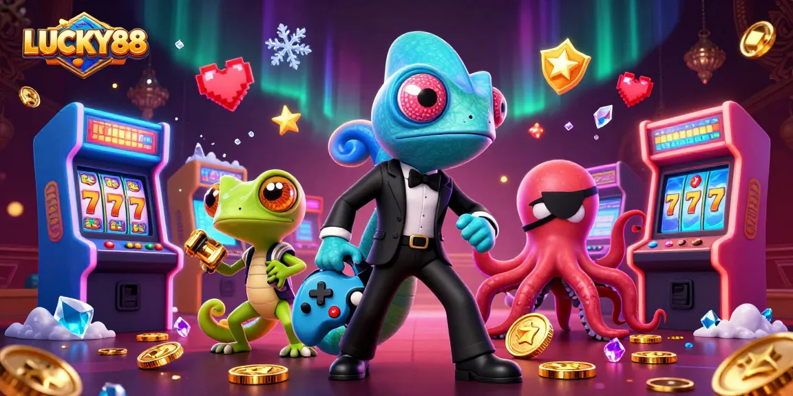 Experience the excitement of LUCKY88 gaming with a dynamic illustration of a chameleon agent, a techy gecko, and an octopus.