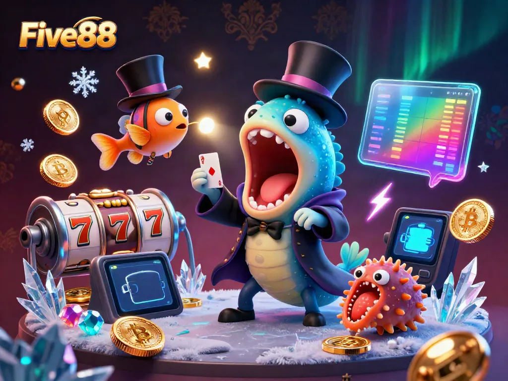 Experience Five88's vibrant casino atmosphere with enchanting characters performing card tricks.