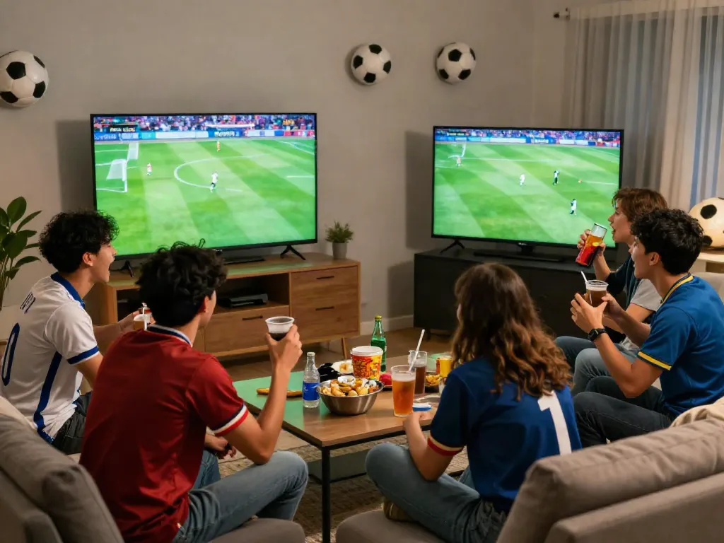 Excited fans watching Thapcamtv live soccer match in a cozy living room.