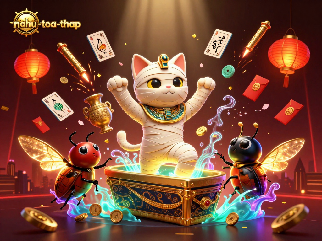 Nohu-toa-thap features a vibrant 3D scene of a mummy cat and scarab beetle amidst casino elements.
