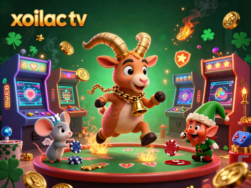 Experience thrilling moments with xoilac tv in a dynamic casino scene featuring Krampus, an angel mouse, and mischievous gremlins.