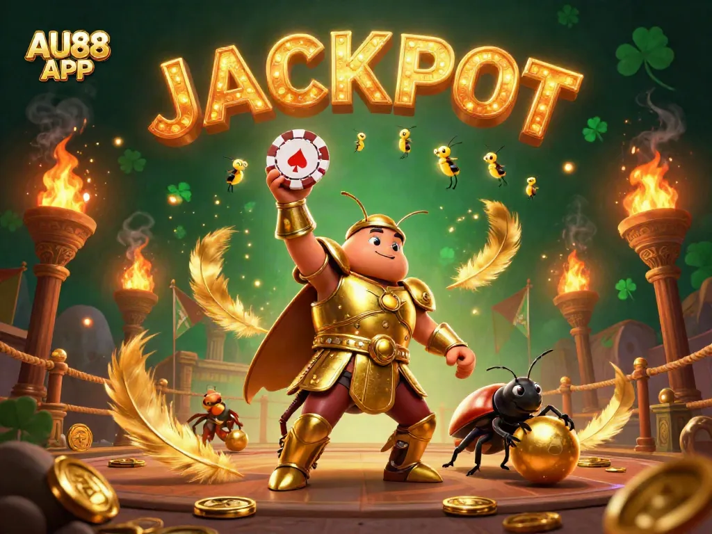 Win big with AU88 APP featuring a heroic beetle in a casino arena, jackpot fireworks around.