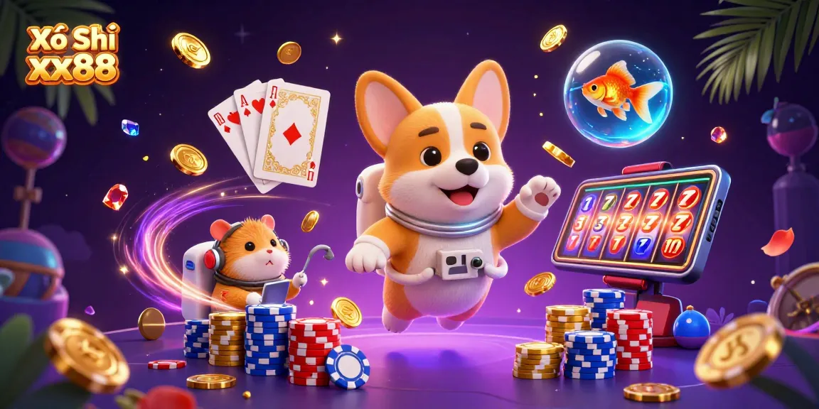 Xổ Số xx88 floating gaming scene with cartoon characters in a vibrant casino setting.