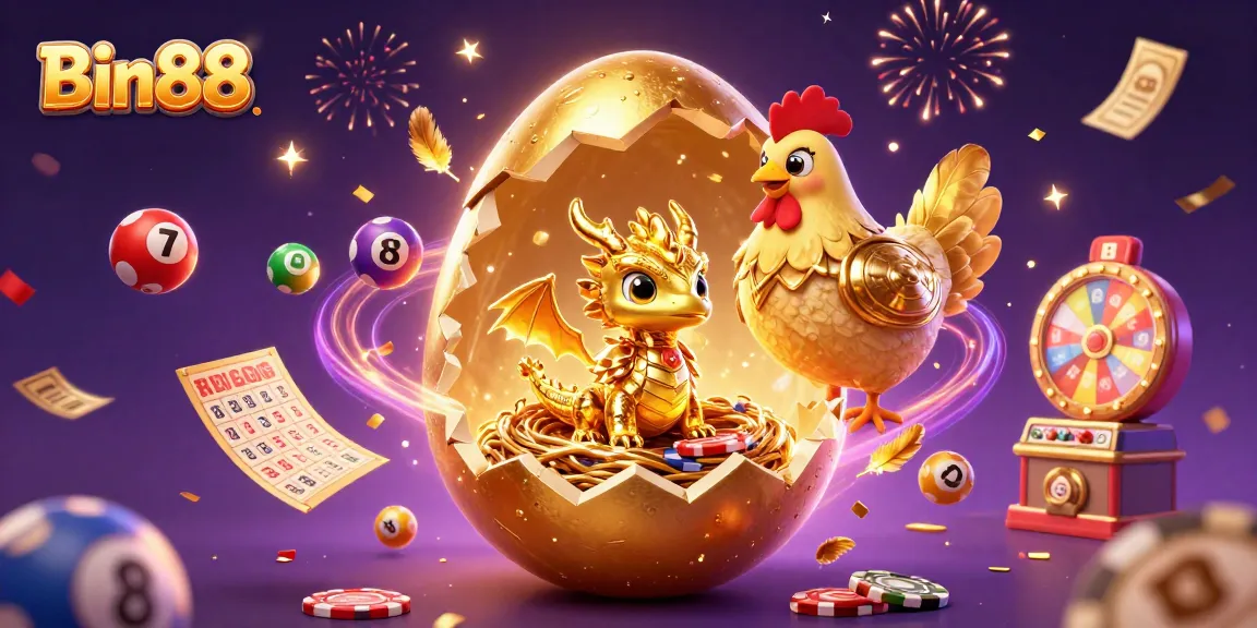 Experience the excitement of Bin88 with this dazzling illustration of a golden dragon and casino elements.