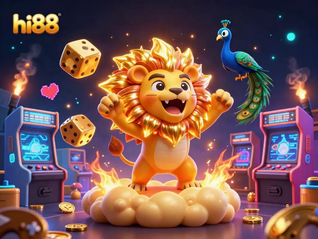 Experience hi88's thrilling casino adventure with a vibrant 3D illustration featuring a roaring lion and giant dice.