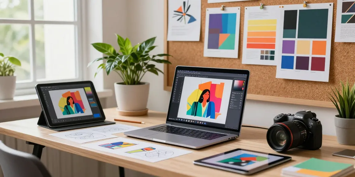 Designer using an AI image generator to create vibrant digital artwork in a sunny workspace.