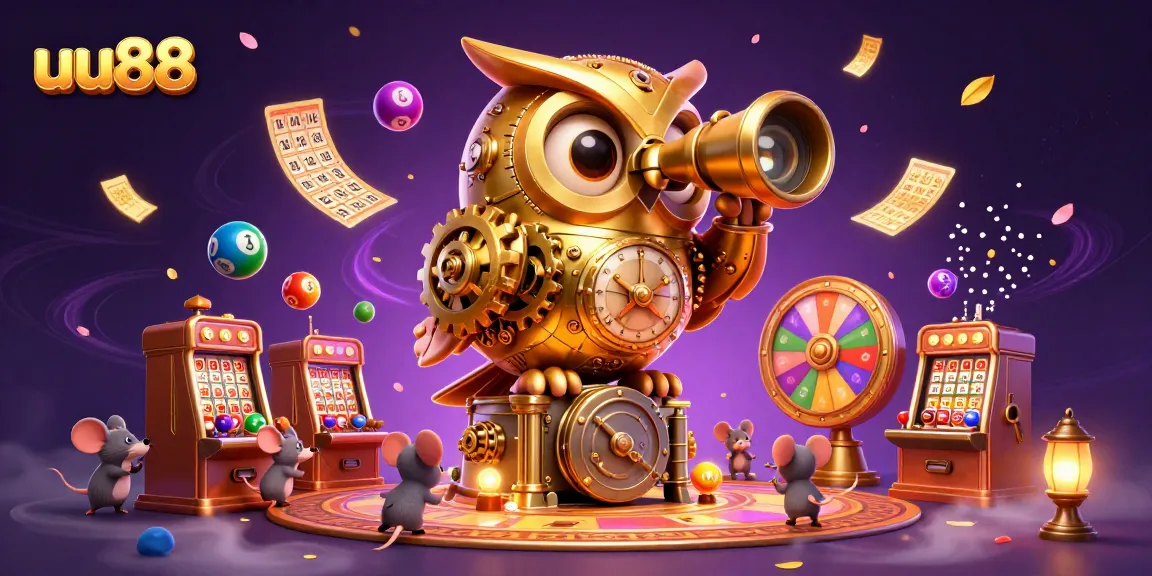 Experience the excitement of uu88 with a golden owl overseeing casino games and lottery fun.