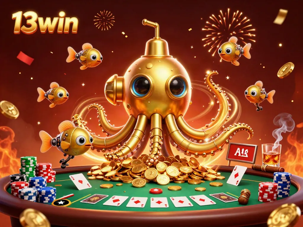 Experience the thrill of 13win with a golden kraken submarine and poker elements in a dazzling, dynamic casino scene.