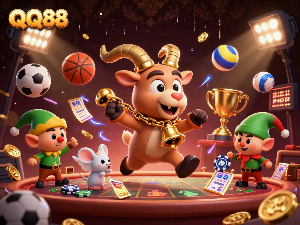 Experience QQ88's festive casino atmosphere with a lively Krampus goat, angel mouse, and mischievous gremlins.