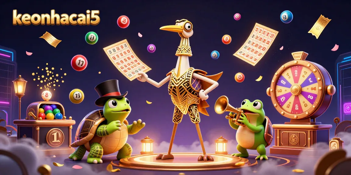 Engage with keonhacai5 at a lively speakeasy with vibrant lottery elements and animated characters.