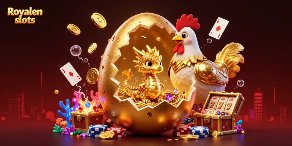 Experience thrilling Royalen slots with a golden egg revealing a treasure-filled baby dragon in a vibrant casino scene.