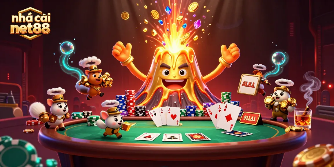 nhà cái net88 showcases a vibrant 3D illustration of a golden volcano erupting coins, enhancing casino excitement