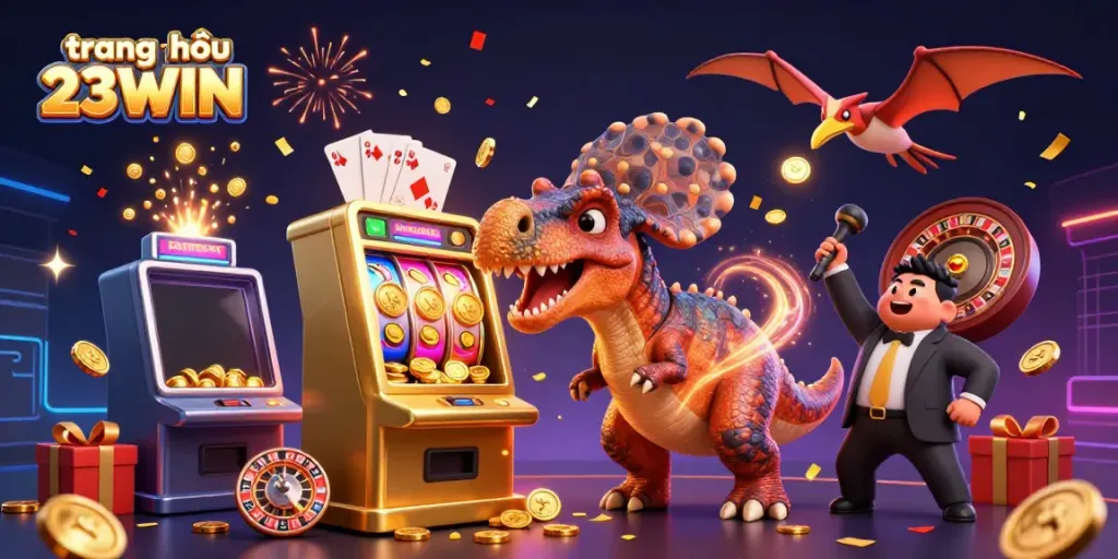 Experience excitement on trang chủ 23WIN with a lively casino scene featuring vibrant characters and dynamic game elements.