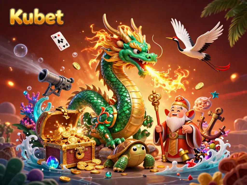 Engage with the dynamic Kubet experience featuring a dragon and turtle among treasure and gaming elements.