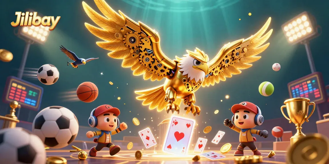 Jilibay offers an immersive gaming experience featuring a golden eagle diving through dynamic casino-themed elements.