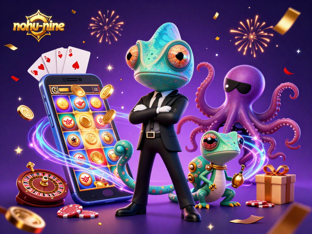 Nohu-nine showcases an exciting scene with a secret agent chameleon and friends amid vibrant casino elements.