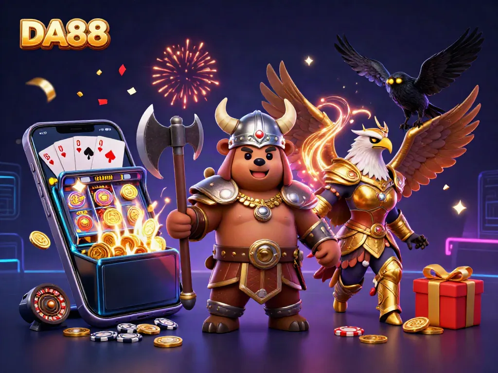Engage in exciting gameplay at DA88 with dynamic slot machines, vibrant characters, and soaring fireworks.