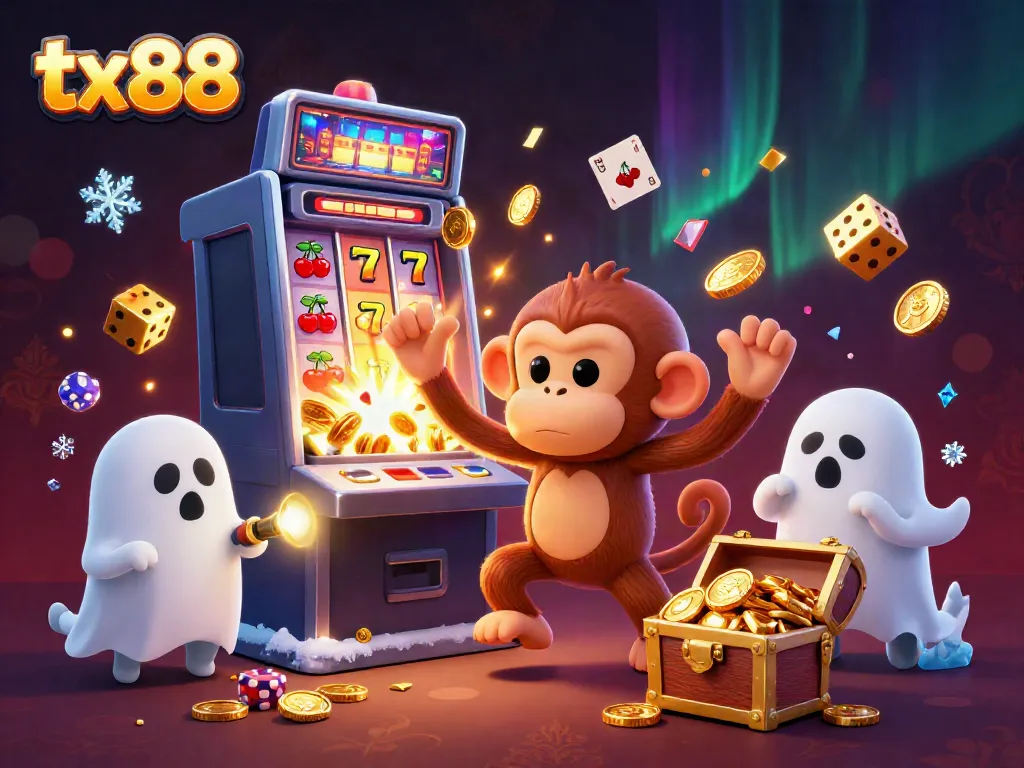 Experience the thrill at tx88 with a playful ghost monkey around a dazzling slot machine.