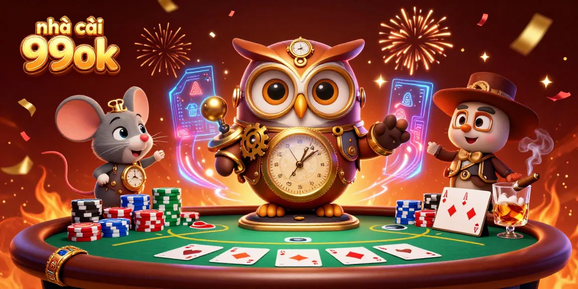 Engage with the vibrant world of nhà cái 99ok featuring a cartoon owl and poker elements in a dynamic casino setting.