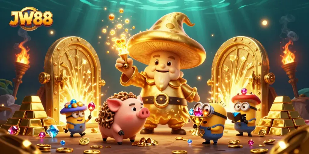 Experience the magic of JW88 as a golden wizard and treasure-hunting pig uncover riches in a vibrant casino.