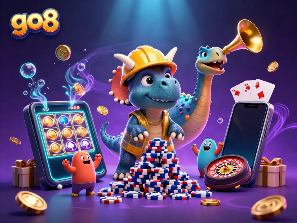 Celebrate wins with go8 in a dynamic casino scene featuring a triceratops building poker chips.