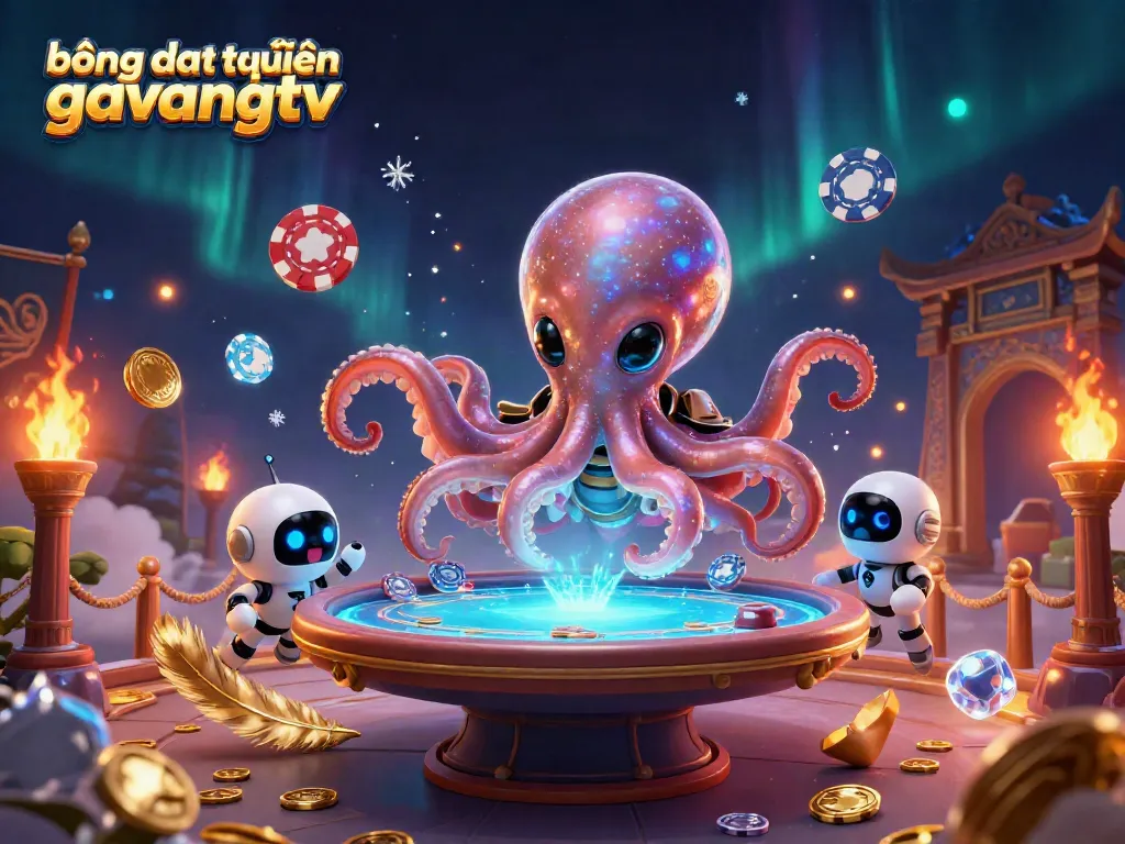 Experience the excitement of bóng đá trực tuyến gavangtv with a vibrant 3D illustration of an alien octopus at a poker table.