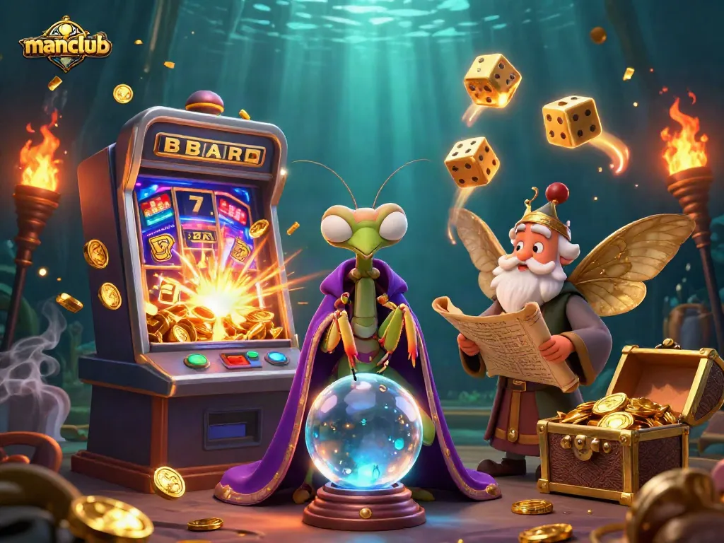 Spin to win at manclub with a vibrant 3D casino scene showcasing a fortune teller and slot machine action.